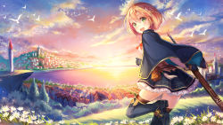 Rule 34 | 1girl, :d, bird, black footwear, black gloves, blonde hair, blue capelet, blue skirt, blush, boots, capelet, celeste (destiny chronicles), cloud, cloudy sky, commentary request, destiny chronicles, fantasy, field, flock, flower, flower field, frilled skirt, frills, gloves, grass, green eyes, highres, holding, holding sword, holding weapon, lake, leg up, looking at viewer, looking back, official art, official wallpaper, open mouth, pierorabu, pouch, scenery, short hair, skirt, sky, smile, solo, standing, standing on one leg, sunset, sword, teeth, thighhighs, tower, town, wallpaper, weapon, zettai ryouiki