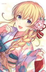 Rule 34 | 1girl, :d, blonde hair, blue eyes, blue nails, braid, commission, fingernails, floral print, flower, flower knot, hair flower, hair ornament, hair ribbon, japanese clothes, kimono, long sleeves, looking at viewer, multicolored nails, nail polish, obi, open mouth, original, pink flower, pink nails, ribbon, sash, sekina, skeb commission, smile, solo, tassel, tassel hair ornament, twitter username, upper body, wide sleeves