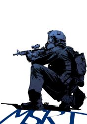 Rule 34 | 1boy, absurdres, alatchenkov, army, artist name, assault rifle, backpack, bad id, bad twitter id, bag, boots, bulletproof vest, commentary, gas mask, gloves, gun, helmet, highres, holding, holding weapon, long sleeves, looking away, m4 carbine, male focus, mask, military, military uniform, monochrome, original, pants, rifle, scope, shoelaces, simple background, sitting, solo, uniform, weapon, white background
