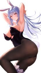 Rule 34 | 1girl, absurdres, alternate breast size, alternate hairstyle, animal ear fluff, animal ears, armpits, arms behind head, ass, bare shoulders, black pantyhose, blue hair, breasts, bridal garter, closed mouth, commentary request, highres, hololive, large breasts, leotard, long hair, looking at viewer, mature female, mugiusagi, pantyhose, playboy bunny, rabbit ears, rabbit girl, rabbit tail, red eyes, simple background, smile, solo, tail, thick eyebrows, thighs, usada pekora, usada pekora (1st costume), virtual youtuber, white background