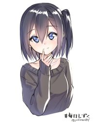 Rule 34 | 1girl, bad id, bad twitter id, black hair, blue eyes, blush, character name, closed mouth, commentary request, finger to mouth, grey sweater, hair between eyes, long sleeves, looking at viewer, one side up, original, simple background, sleeves past wrists, smile, solo, suzunari shizuku, sweater, twitter username, upper body, white background, yuki arare