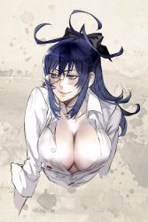 Rule 34 | 00s, 1girl, antenna hair, bad id, bad pixiv id, black bow, blue hair, bow, breasts, bursting breasts, center opening, cleavage, collarbone, collared shirt, dress shirt, eyelashes, female focus, glasses, hair between eyes, hair bow, hair ribbon, hamutz meseta, large breasts, long hair, long sleeves, looking to the side, maeshima shigeki, open clothes, open shirt, pink eyes, revealing clothes, ribbon, rimless eyewear, shirt, sleeves rolled up, smile, solo, tatakau shisho, unbuttoned, upper body, white shirt