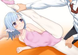 Rule 34 | 1boy, 1girl, absurdres, athletic leotard, ballerina, bare arms, bare shoulders, black pants, blue hair, blush, breasts, closed mouth, collarbone, collared shirt, commentary request, covered navel, elliot leucosia, enjo kouhai, exercising, fins, flexible, head fins, highres, kneeling, leg up, leotard, long sleeves, looking at another, lying, necktie, on side, out of frame, pants, pantyhose, pink footwear, pink leotard, purple eyes, red neckwear, shirt, short hair, simple background, small breasts, smile, solo focus, split, takunomi, white background, white pantyhose, white shirt