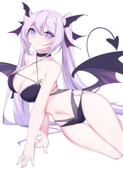 Rule 34 | 1girl, bare legs, bare shoulders, breasts, chinese commentary, cleavage, demon girl, demon tail, demon wings, hair between eyes, head wings, heart, heart tail, highres, koakuma, large breasts, looking at viewer, midriff, navel, original, purple eyes, purple hair, rx7649, sidelocks, simple background, smile, solo, split mouth, string bra, tail, thigh gap, thighs, twintails, white background, wings