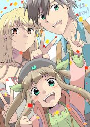 Rule 34 | 1boy, 2girls, :&lt;, ahoge, anniversary, arm up, backpack, bag, black hair, blonde hair, blue background, blunt bangs, blush, child, confetti, dragontail, elle mel martha, facing viewer, family, green eyes, grey hair, hair between eyes, happy, hat, jewelry, light brown hair, long hair, looking at viewer, ludger will kresnik, milla maxwell (tox2), multicolored hair, multiple girls, open mouth, red eyes, ring, short hair, smile, tales of (series), tales of xillia, tales of xillia 2, twintails, two-tone hair, upper body, v