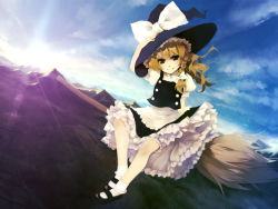Rule 34 | 1girl, blonde hair, braid, broom, broom riding, chinchickrin, cloud, day, dutch angle, female focus, grin, hand on headwear, hat, hat ribbon, kirisame marisa, looking at viewer, mary janes, mountain, ribbon, shoes, short hair, side braid, sidesaddle, sky, smile, socks, solo, sun, sunlight, touhou, witch, witch hat