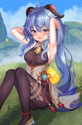 Rule 34 | 1girl, absurdres, adjusting hair, ahoge, armpits, arms up, bell, black legwear, blue hair, blush, breasts, chinese knot, feet out of frame, flower knot, ganyu (genshin impact), genshin impact, gold trim, high heels, highres, horns, knees up, long hair, looking at viewer, medium breasts, neck bell, open mouth, outdoors, purple eyes, sideboob, sidelocks, sitting, skindentation, smile, solo, tassel, thighlet, thighs, vision (genshin impact), yuki (best010409)