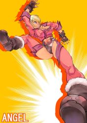 Rule 34 | 1girl, abs, angel (kof), blonde hair, boots, breasts, character name, cleavage, colored shadow, fingerless gloves, fur-trimmed boots, fur trim, gloves, grin, kemonono (inchiki dou), large breasts, looking at viewer, midriff, pink thighhighs, revealing clothes, shadow, simple background, smile, snk, solo, the king of fighters, thighhighs, yellow background