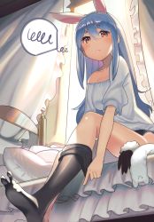 Rule 34 | 1girl, absurdres, animal ears, backlighting, bare shoulders, bed, black gloves, black panties, black thighhighs, blue hair, blush, closed mouth, commentary request, curtains, day, don-chan (usada pekora), frills, fur-trimmed gloves, fur trim, gloves, hair between eyes, hair down, highres, hololive, indoors, kasa list, lace, lace-trimmed panties, lace trim, long hair, looking at viewer, no shoes, off shoulder, on bed, panties, pillow, puffy short sleeves, puffy sleeves, rabbit ears, red eyes, shirt, short eyebrows, short sleeves, sitting, soles, solo, spoken squiggle, squiggle, sunlight, thick eyebrows, thighhighs, underwear, usada pekora, very long hair, virtual youtuber, white shirt