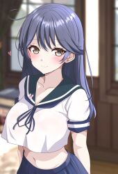 Rule 34 | 1girl, absurdres, black sailor collar, blue hair, blue skirt, blurry, blurry background, blush, breasts, brown eyes, closed mouth, collarbone, commentary, crop top, crop top overhang, cropped shirt, curtains, heart, highres, indoors, kantai collection, large breasts, light smile, long hair, looking at viewer, navel, neck ribbon, nitamako (sakamalh), pleated skirt, rabbit pin, ribbon, sailor collar, shirt, short sleeves, skirt, solo, swept bangs, ushio (kancolle), white shirt, window