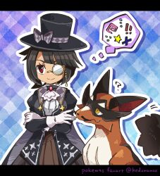 Rule 34 | 1girl, ?, ascot, black hair, black headwear, blunt bangs, bow, chain, closed mouth, commentary request, creatures (company), eyelashes, game freak, gen 8 pokemon, gloves, hat, hat bow, highres, kedamamax, letterboxed, monocle, nintendo, official alternate costume, opaque monocle, outline, pokemon, pokemon (creature), pokemon masters ex, red eyes, smile, split mouth, thievul, thought bubble, top hat, white ascot, white gloves, zinnia (pokemon), zinnia (special costume) (pokemon)