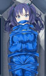 Rule 34 | 1girl, absurdres, alternate costume, bdsm, blue archive, blue eyes, blue suit, blush, bondage, bound, breasts, formal, halo, highres, large breasts, looking at viewer, lying, muzzle, purple hair, seirein (seireinnnn), solo, straitjacket, suit, twintails, yuuka (blue archive)