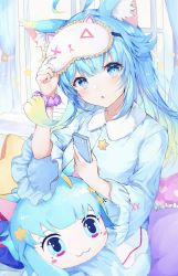 Rule 34 | 1girl, :3, :o, absurdres, ahoge, animal ear fluff, animal ears, blue dress, blue eyes, blue hair, blush, cat ears, character doll, commentary, curtains, dress, frilled sleeves, frills, gradient hair, green hair, highres, holding, holding phone, indie virtual youtuber, indoors, lanmewko, long hair, long sleeves, looking at viewer, mask, mask on head, multicolored hair, noyu (noyu23386566), pajamas, parted lips, phone, pillow, scrunchie, sitting, sleep mask, solo, star (symbol), virtual youtuber, wide sleeves, window, wrist scrunchie