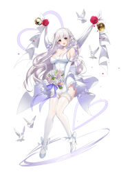 Rule 34 | 1girl, :d, ankle bow, ankle ribbon, back bow, banner, bare shoulders, bell, bird, blunt bangs, blush, bouquet, bow, bow choker, braid, breasts, bridal gauntlets, choker, cleavage, closers, collarbone, dove, dress, falling petals, floating hair, flower, full body, hair ribbon, heart, high heels, highres, holding, holding bouquet, knees together feet apart, lace, lace-trimmed dress, lace-trimmed thighhighs, lace trim, large breasts, levia (closers), long hair, looking at viewer, no pupils, official art, open mouth, petals, purple bow, purple eyes, red flower, red rose, ribbon, rose, short dress, side braids, smile, solo, standing, strapless, strapless dress, tachi-e, thighhighs, very long hair, wedding dress, white background, white bow, white bridal gauntlets, white choker, dove, white dress, white flower, white footwear, white hair, white ribbon, white rose, white thighhighs