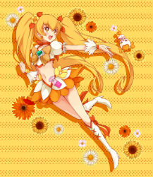 Rule 34 | 10s, 1girl, blonde hair, blush, boots, bow, brooch, cure sunshine, flower, hair ribbon, heart, heart brooch, heartcatch precure!, high heel boots, high heels, knee boots, long hair, magical girl, midriff, myoudouin itsuki, navel, open mouth, orange bow, potpourri (heartcatch precure!), precure, ribbon, shoes, sikuhima, skirt, solo, sunflower, twintails, yellow background, yellow bow, yellow eyes