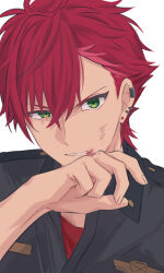 Rule 34 | 1boy, blood, collared shirt, commentary request, ear piercing, earrings, fingernails, green eyes, hand up, helios rising heroes, highres, injury, jewelry, male focus, otori akira, parted lips, partial commentary, piercing, red hair, sekina, shirt, short hair, simple background, solo, upper body, white background