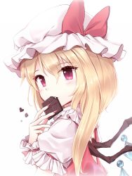 Rule 34 | 1girl, back cutout, blush, candy, chocolate, chocolate bar, clothing cutout, crystal, demon wings, eating, fang, fingernails, flandre scarlet, food, frilled cuffs, frilled sleeves, frills, from side, hat, hat ribbon, heart, long fingernails, long hair, looking at viewer, minust, mob cap, nail, nail polish, pink eyes, puffy short sleeves, puffy sleeves, red eyes, red ribbon, ribbon, short sleeves, simple background, slit pupils, solo, touhou, upper body, valentine, white background, white hat, wings, wrist cuffs