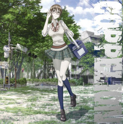 Rule 34 | 1girl, adjusting eyewear, bag, blue socks, bow, bowtie, breasts, brown hair, cloud, cloudy sky, coppelion, copyright name, glasses, grass, green eyes, green skirt, house, ivy, kneehighs, loafers, miniskirt, nature, nomura taeko, official art, outdoors, overgrown, pale skin, plaid, plaid skirt, plant, pleated skirt, post-apocalypse, power lines, red-framed eyewear, road sign, ruins, scenery, school uniform, shoes, short ponytail, shoulder bag, sign, skirt, sky, sleeves rolled up, socks, solo, standing, standing on one leg, striped bow, striped bowtie, striped clothes, striped neckwear, sweater vest, traffic light, tree