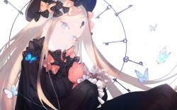 Rule 34 | 1girl, abigail williams (fate), black bow, black dress, black hat, blonde hair, blue eyes, bow, bug, butterfly, commentary request, dress, fate/grand order, fate (series), frilled sleeves, frills, hair bow, hat, insect, keyhole, long hair, looking at viewer, orange bow, parted bangs, parted lips, polka dot, polka dot bow, ribbed dress, sitting, sleeves past wrists, solo, stuffed animal, stuffed toy, tears, teddy bear, yaku (ziroken)