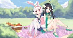 Rule 34 | 2girls, ahoge, animal ears, bandages, basket, black hair, blue eyes, blush, bread, rabbit ears, character request, cloud, cloudy sky, commentary request, fake animal ears, flower, food, full body, hair flower, hair ornament, hairclip, hand on own knee, highres, looking at viewer, multiple girls, open mouth, outdoors, qi xuan, red eyes, short hair, sitting, sky, slippers, smile, tree, twintails, virtual youtuber, white hair, white legwear