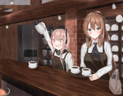 Rule 34 | 2girls, apron, blonde hair, braid, brown apron, brown hair, cafe, closed mouth, coffee, coffee cup, cup, disposable cup, girls&#039; frontline, green eyes, hair between eyes, hair ribbon, headset, long hair, m4 sopmod ii (girls&#039; frontline), mama m1903, mask, multiple girls, necktie, open mouth, percolator, red eyes, ribbon, shirt, skull mask, springfield (girls&#039; frontline), white shirt