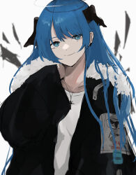 Rule 34 | 1girl, absurdres, arknights, black horns, black jacket, blue eyes, blue hair, commentary request, cross, cross necklace, demon horns, detached wings, dot nose, earrings, energy wings, fur-trimmed jacket, fur trim, grey halo, halo, highres, horns, jacket, jewelry, long hair, looking at viewer, mostima (arknights), necklace, open clothes, open jacket, pikuson, shirt, simple background, smile, upper body, white background, white shirt, wings