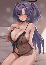 1girl absurdres babydoll bare_shoulders black_panties blue_archive blush breasts cleavage collarbone hair_ornament halo highres large_breasts long_hair looking_at_viewer onedoo open_mouth panties purple_eyes purple_hair sidelocks sitting solo thighs two_side_up underwear yuuka_(blue_archive)