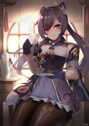 Rule 34 | 1girl, bare shoulders, breasts, choker, collared shirt, cone hair bun, cup, detached sleeves, double bun, dress, frilled dress, frilled skirt, frills, genshin impact, gloves, hair bun, hair ornament, half-closed eyes, highres, indoors, keqing (genshin impact), long hair, long sleeves, looking at viewer, medium breasts, plate, purple eyes, purple hair, shirt, skirt, smile, solo, tea, teacup, teapot, twintails, wide sleeves, window, wing collar, yukidaruma718