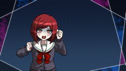 Rule 34 | 1girl, bow, bowtie, brown eyes, cardigan, clenched hands, collarbone, danganronpa (series), danganronpa v3: killing harmony, grey cardigan, hair ornament, long sleeves, official alternate costume, official style, open mouth, red bow, red bowtie, red hair, sailor collar, short hair, solo, sweatdrop, swept bangs, upper body, white sailor collar, yumaru (marumarumaru), yumeno himiko
