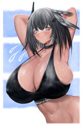 Rule 34 | 1girl, abs, absurdres, arknights, armpits, arms behind head, arms up, blue background, blush, border, breasts, check commentary, choker, cleavage, closed mouth, commentary, commentary request, commission, covered erect nipples, embarrassed, feather hair, flying sweatdrops, green eyes, grey hair, greythroat (arknights), hair between eyes, hair ornament, highres, huge breasts, kyoeikyoei52906, looking down, medium hair, navel, nervous smile, skeb commission, smile, solo, sports bra, stomach, striped background, sweat, toned, upper body, white border