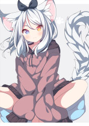 Rule 34 | 1girl, animal ear fluff, animal ears, blue eyes, blush, brown hoodie, cat ears, cat tail, closed mouth, commentary request, daidai ookami, heterochromia, highres, hood, hoodie, looking at viewer, original, short hair, sleeves past fingers, sleeves past wrists, smile, solo, tail, white hair, yellow eyes