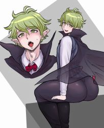 Rule 34 | 1boy, amami rantaro, arched back, ass, back, bad id, bad pixiv id, blouse, bow, bowtie, cape, danganronpa (series), danganronpa v3: killing harmony, ear piercing, earrings, eyes visible through hair, fangs, green eyes, green hair, high collar, highres, huge ass, jewelry, looking at viewer, looking back, male focus, messy hair, multiple views, narrow waist, piercing, pinstripe pattern, pinstripe vest, see-through, shirt, striped clothes, striped vest, sweatdrop, vampire, vest, wadorudo, white shirt, wide hips