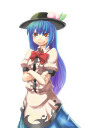 Rule 34 | &gt;:), 1girl, bad id, bad pixiv id, blue hair, colored eyelashes, crossed arms, female focus, food, fruit, hat, highres, hinanawi tenshi, long hair, peach, red eyes, scottie (phantom2), simple background, smile, solo, touhou, v-shaped eyebrows