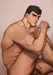 Rule 34 | 1boy, arm hair, bara, black hair, completely nude, dark-skinned male, dark skin, dota: dragon&#039;s blood, dota (series), dota 2, dragon knight (dota), facial hair, flaccid, foreskin, forked eyebrows, from side, goatee, highres, leg hair, looking at viewer, male focus, mature male, muscular, muscular male, necklace, nude, penis, realistic, scar, scar on arm, seupil hyugo (spirohugo), short hair, sitting, solo, stubble, thighs, tooth necklace, veins, veiny penis
