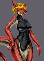 Rule 34 | 1girl, blonde hair, dragon, furry, furry female, highres, location now, red eyes, short hair, solo, swimsuit