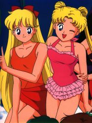 Rule 34 | 1990s (style), 2girls, aino minako, arms behind back, bishoujo senshi sailor moon, blonde hair, blue eyes, bow, breasts, casual one-piece swimsuit, cleavage, double bun, frilled swimsuit, frills, hair bow, hair bun, halterneck, highres, long hair, medium breasts, miniskirt, multiple girls, official art, one-piece swimsuit, one eye closed, pointing, red bow, retro artstyle, sailor moon, sailor venus, sarong, scan, skirt, smile, straight neck, swimsuit, tadano kazuko, tsukino usagi, twintails, very long hair, wink
