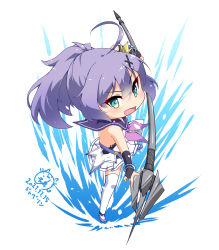 Rule 34 | 1girl, :d, azur lane, bracelet, commentary, commentary request, crown, english commentary, fighting stance, green eyes, hair between eyes, hair ornament, hairclip, highres, holding, holding polearm, holding weapon, inori (xyz5568), javelin (azur lane), javelin (spear), jewelry, long hair, looking at viewer, mini crown, open mouth, polearm, ponytail, purple hair, retrofit (azur lane), school uniform, serafuku, sidelocks, signature, sleeveless, smile, solo, v-shaped eyebrows, weapon