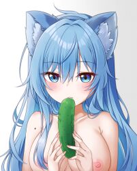 Rule 34 | 1girl, absurdres, animal ears, armpit crease, blue eyes, blue hairband, blush, breasts, cat ears, cucumber, elie wayne, fake animal ears, food, gradient background, grey background, hair censor, hairband, highres, holding, holding food, holding vegetable, jan azure, large breasts, long hair, mole, mole on shoulder, nipples, nude, original, pink nails, sexually suggestive, sidelocks, upper body, vegetable, white background