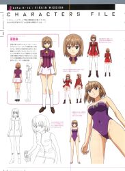 Rule 34 | 00s, 1girl, aika r-16, alternate costume, artbook, ass, bare legs, braid, breasts, character name, character profile, character sheet, dress, full body, highres, huge ass, large breasts, looking at viewer, miniskirt, multiple views, official art, one-piece swimsuit, panties, purple one-piece swimsuit, settei, short dress, short hair, simple background, single braid, skirt, sumeragi aika, swimsuit, thong, translation request, underwear, white panties, wide hips