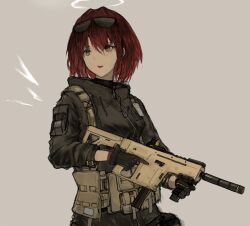 Rule 34 | 1girl, arknights, black gloves, black jacket, brown background, cowboy shot, earphones, exusiai (arknights), exusiai (wild operation) (arknights), eyewear on head, gloves, gun, hair between eyes, halo, highres, holding, holding gun, holding weapon, jacket, komegu 619, kriss vector, long sleeves, looking to the side, official alternate costume, open mouth, red hair, short hair, simple background, solo, submachine gun, sunglasses, suppressor, teeth, trigger discipline, upper teeth only, weapon, white halo, yellow eyes, zipper