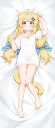 Rule 34 | 1girl, absurdres, animal ears, bare legs, barefoot, blonde hair, cat ears, cat girl, cat tail, dakimakura (medium), feet, full body, highres, long hair, looking at viewer, low twintails, lying, no pants, off-shoulder shirt, off shoulder, on back, orange eyes, original, shirt, smile, tail, twintails, white shirt, xiao baixiong tat