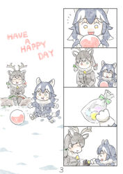 Rule 34 | 2girls, ^ ^, aged down, animal ears, antlers, bag, ball, bandaged leg, bandages, bell, black hair, chewing, chibi, child, closed eyes, comic, day, deer ears, english text, food, fur collar, gloves, green eyes, grey hair, grey wolf (kemono friends), height difference, heterochromia, holding, holding ball, horns, jacket, jingle bell, kemono friends, long hair, long sleeves, looking at another, looking at object, multicolored hair, multiple girls, murakami kou (raye), neck bell, necktie, outdoors, page number, pantyhose, red eyes, reindeer (kemono friends), reindeer antlers, running, shoes, silent comic, sitting, skirt, smile, snow, tail, twintails, two-tone hair, white hair, wolf ears, wolf girl, wolf tail, yellow eyes