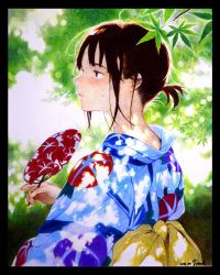 Rule 34 | 1girl, absurdres, bad id, bad twitter id, black border, black eyes, blue kimono, blush, border, branch, brown hair, dappled sunlight, dated, day, from behind, fuyuno kamome, hand fan, highres, holding, holding fan, japanese clothes, kimono, leaf, long sleeves, looking to the side, mole, mole on cheek, nape, obi, original, outdoors, paper fan, parted lips, ponytail, profile, sash, signature, solo, sunlight, traditional media, uchiwa, uchiwa design, upper body, yukata