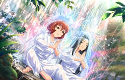 Rule 34 | 2girls, artist request, black hair, closed eyes, collarbone, day, forest, headband, helen (idolmaster), idolmaster, idolmaster cinderella girls, idolmaster cinderella girls starlight stage, japanese clothes, leaf, long hair, moss, multiple girls, nature, official art, outdoors, parted lips, praying, red hair, short hair, sitting, smile, ueda suzuho, water, waterfall, wet, wet clothes, yellow eyes