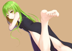 Rule 34 | 1girl, ass, bare shoulders, barefoot, black dress, breasts, brown background, c.c., china dress, chinese clothes, closed mouth, code geass, cowboy shot, dress, feet, flan (seeyouflan), foot focus, foreshortening, from behind, green background, green eyes, green hair, hair between eyes, highres, leg up, long hair, looking at viewer, looking back, lying, matching hair/eyes, medium breasts, nail polish, on stomach, pelvic curtain, pink lips, pink nails, side slit, simple background, skin tight, sleeveless, sleeveless dress, smile, soles, solo, toenail polish, toenails, toes