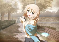 Rule 34 | 1girl, aoyama blue mountain, blonde hair, blue eyes, blush, breasts, commentary request, giorgio claes, gochuumon wa usagi desu ka?, hair between eyes, highres, holding, long hair, long sleeves, looking at viewer, open mouth, outdoors, park, shawl, smile, solo, standing, sweater, tree