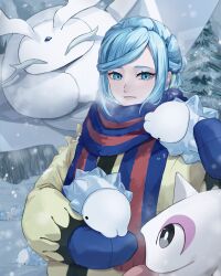 Rule 34 | 1boy, blue hair, blue mittens, blue scarf, breath, cetoddle, commentary, creatures (company), day, evolutionary line, frosmoth, game freak, gen 8 pokemon, grusha (pokemon), hand up, highres, holding, holding pokemon, jacket, long sleeves, looking at viewer, male focus, mittens, nintendo, on shoulder, outdoors, parted lips, pokemon, pokemon (creature), pokemon on shoulder, pokemon sv, scarf, smile, snom, snowing, striped clothes, striped scarf, su hare, tree, yellow jacket