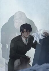 Rule 34 | 2boys, bags under eyes, black hair, black jacket, blonde hair, brown pants, closed eyes, closed mouth, collared shirt, commentary, english commentary, erwin smith, fingernails, flower, frown, ghost, gravesecrets, highres, jacket, jewelry, levi (shingeki no kyojin), lily (flower), long sleeves, male focus, multiple boys, on one knee, pants, pendant, shingeki no kyojin, shirt, tombstone, white lily, white pants, white shirt