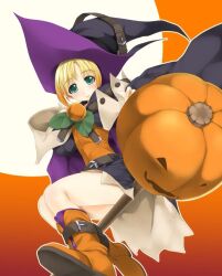 Rule 34 | 1girl, atelier-moo, belt, blonde hair, boots, breasts, cloak, closed mouth, curtained hair, from below, giselle theresia, green eyes, hair between eyes, halloween, hat, lasting anthem, short hair, skirt, small breasts, smile, solo, staff, thighs, witch, witch hat