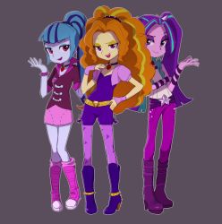 Rule 34 | 3girls, :d, adagio dazzle, aqua hair, aria blaze, arm up, arms up, bad id, bad twitter id, baekgup, belt, belt buckle, belt over clothes, big hair, black neckwear, blonde hair, blue hair, blue skin, blunt bangs, boots, bracelet, breasts, buckle, choker, closed mouth, colored skin, commentary request, cropped vest, crossed belts, curly hair, cutoffs, eyelashes, flat chest, full body, gem, grey background, hair intakes, hair ornament, hairband, half-closed eyes, hand on own arm, hand on own chest, hand on own hip, hasbro, high heel boots, high heels, high ponytail, holding own arm, jewelry, knee boots, knees together feet apart, leaning to the side, leggings, legs apart, long hair, looking at viewer, loose socks, miniskirt, multicolored hair, multiple belts, multiple girls, my little pony, my little pony: equestria girls, my little pony: friendship is magic, open hand, open mouth, orange hair, outline, pants, pantyhose, pencil skirt, pigeon-toed, pink eyes, pink footwear, pink legwear, pink skirt, polka dot, polka dot pants, ponytail, popped collar, puffy short sleeves, puffy sleeves, purple eyes, purple footwear, purple hair, purple legwear, purple pants, purple skin, raised eyebrow, shoes, short jumpsuit, short sleeves, shrug (clothing), simple background, skirt, sleeve cuffs, sleeveless, sleeves rolled up, small breasts, smile, smirk, socks, sonata dusk, spiked belt, spiked bracelet, spiked hairband, spiked shoes, spikes, standing, star (symbol), star hair ornament, streaked hair, tank top, teeth, torn clothes, torn sleeves, triangle print, tsurime, twintails, two-tone hair, very long hair, vest, wavy eyebrows, white outline, wristband, yellow skin
